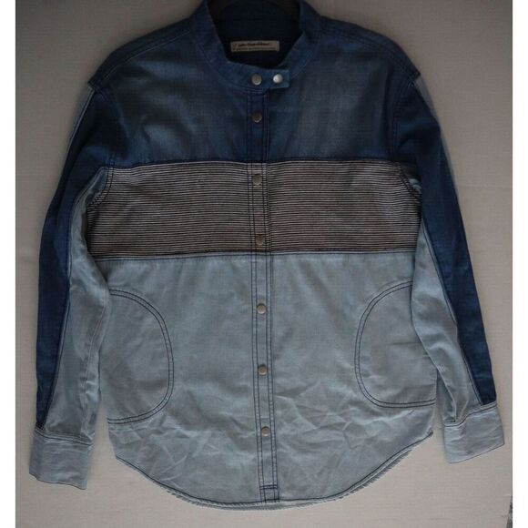 We The Free OB1801414 Women Sz XS Blue Combo Moto Colorblock Denim L/S Shirt - Picture 5 of 10